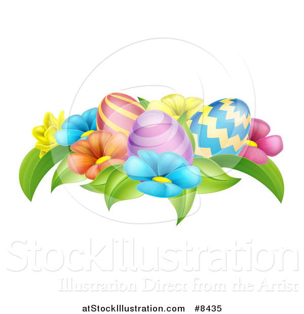 Vector Illustration of a Group of 3d Colorful Spring Flowers and Patterned Easter Eggs