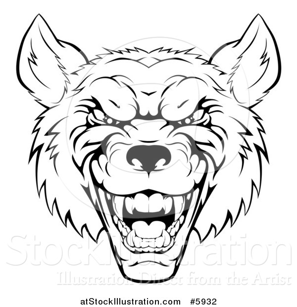 Vector Illustration of a Growling Black and White Aggressive Wolf Face