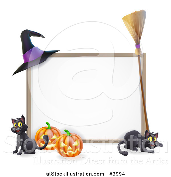 Vector Illustration of a Halloween Frame with a Witch Hat Broom Pumpkins and Cats