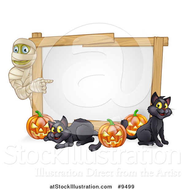 Vector Illustration of a Halloween Mummy Pointing to a White Board Sign with Pumpkins and Black Cats