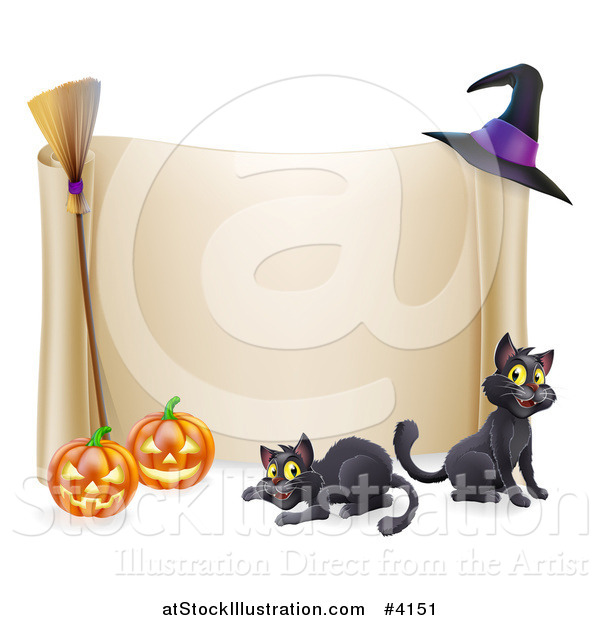 Vector Illustration of a Halloween Scroll Sign with Black Cats Jackolanterns a Broomstick and Witch Hat
