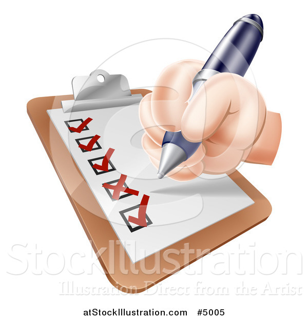Vector Illustration of a Hand Filling out a Satisfaction Survey on a Clipboard