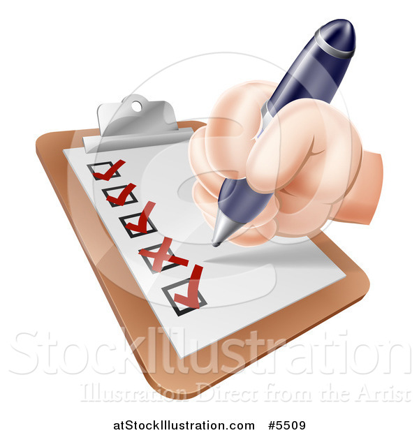 Vector Illustration of a Hand Filling out a Survey on a Clipboard