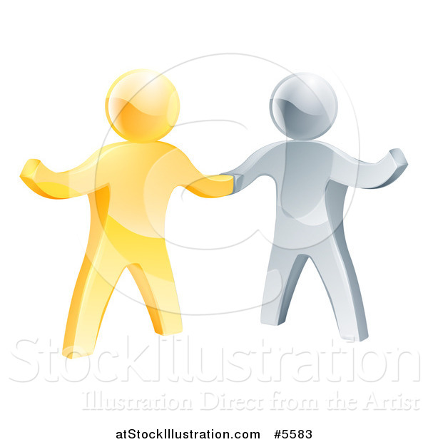 Vector Illustration of a Handshake Between 3d Gold and Silver Men, with One Guy Gesturing