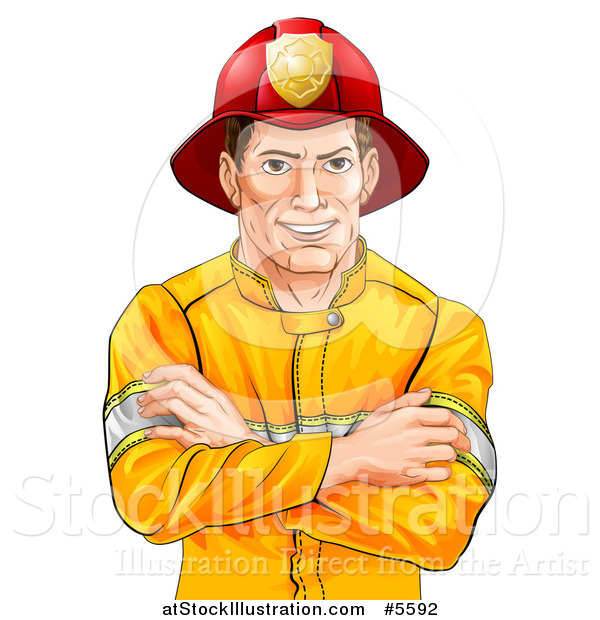 Vector Illustration of a Handsome Brunette Caucasian Fireman Avatar with Folded Arms