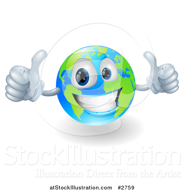 Vector Illustration of a Happy 3d Globe Holding Two Thumbs up