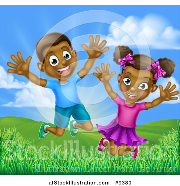 Vector Illustration of a Happy and Excited Black Boy and Girl Jumping Outdoors