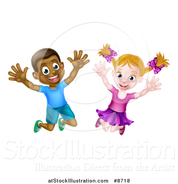 Vector Illustration of a Happy and Excited Black Boy and White Girl Jumping