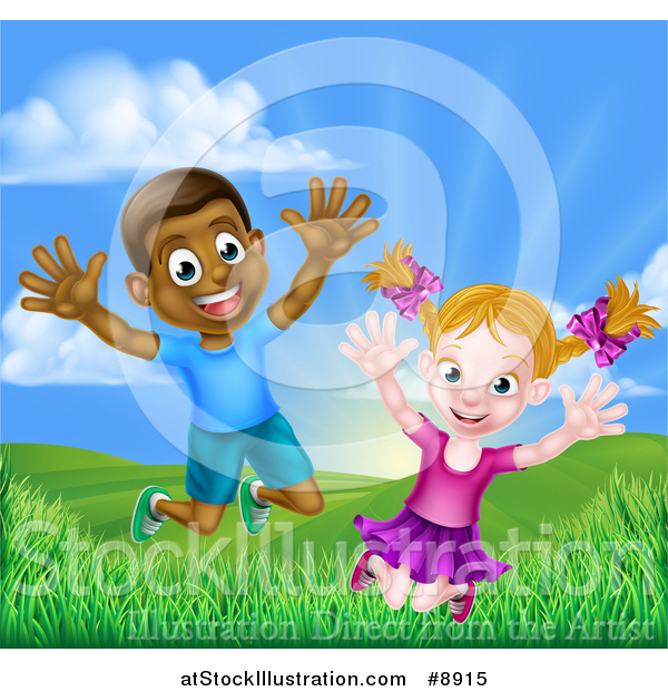 Vector Illustration of a Happy and Excited Black Boy and White Girl Jumping Outdoors