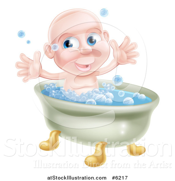 Vector Illustration of a Happy Bald Blue Eyed Caucasian Baby Boy in a Bath Tub