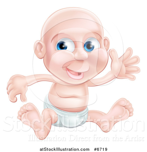 Vector Illustration of a Happy Bald Blue Eyed Caucasian Baby Boy Sitting in a Diaper and Waving