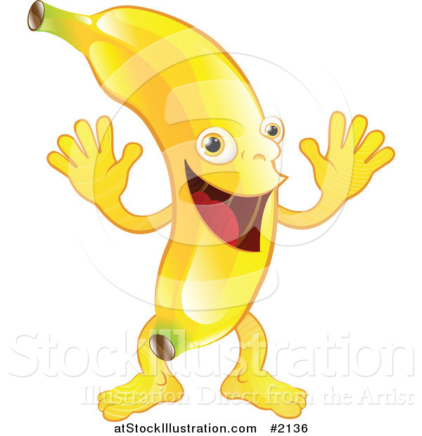 Vector Illustration of a Happy Banana Character Waving Both Hands