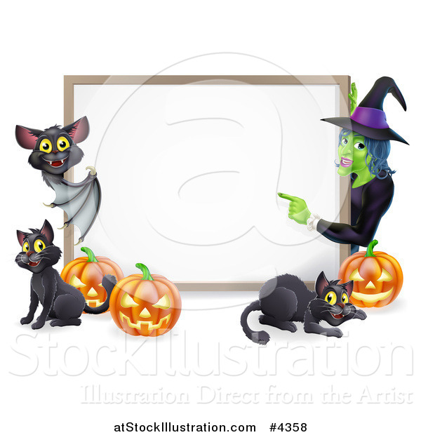 Vector Illustration of a Happy Bat Witch Pumpkins and Black Cats Around a Blank Sign