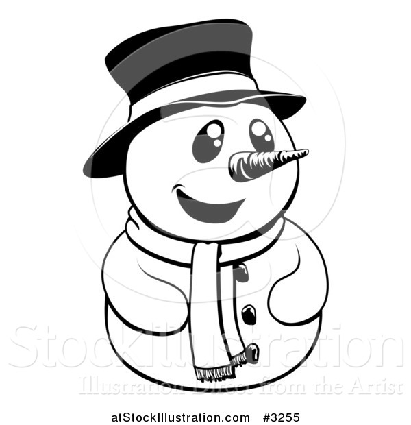 Vector Illustration of a Happy Black and White Christmas Snowman with a Top Hat and Scarf