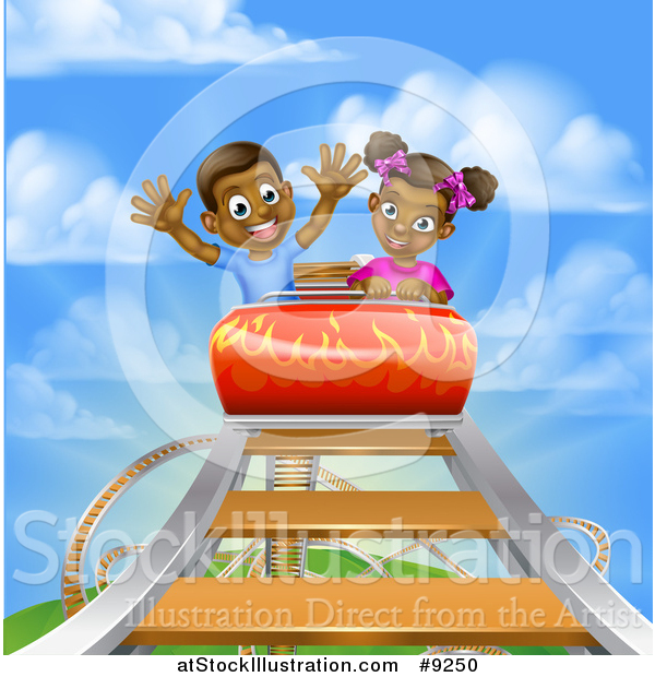 Vector Illustration of a Happy Black Boy and Girl on a Roller Coaster Ride, Against a Blue Sky with Clouds