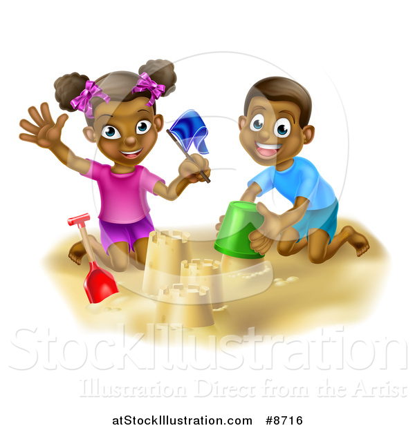 Vector Illustration of a Happy Black Boy and Girl Playing and Building a Sand Castle on a Beach