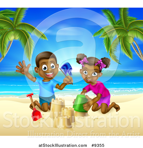 Vector Illustration of a Happy Black Boy and Girl Playing and Building a Sand Castle on a Tropical Beach