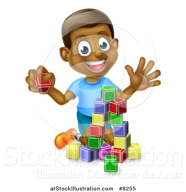 Vector Illustration of a Happy Black Boy Waving and Playing with Toy Blocks