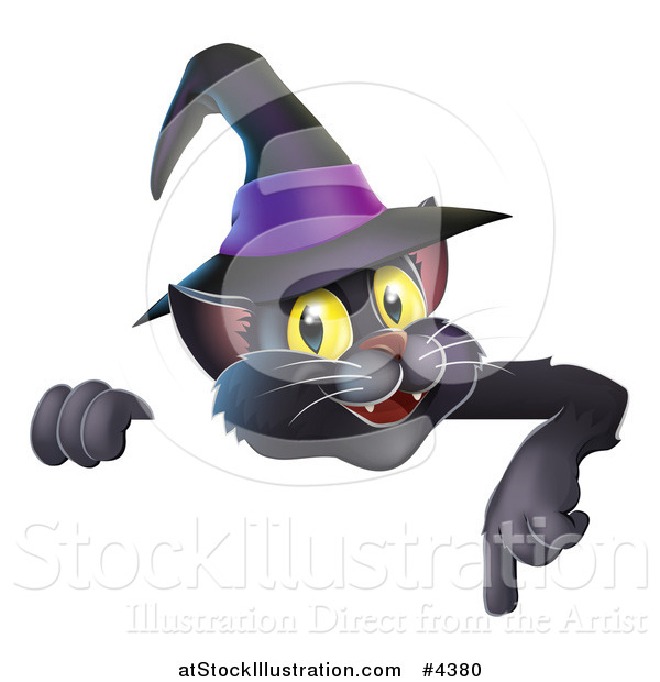 Vector Illustration of a Happy Black Cat Wearing a Witch Hat and Pointing down to a Sign
