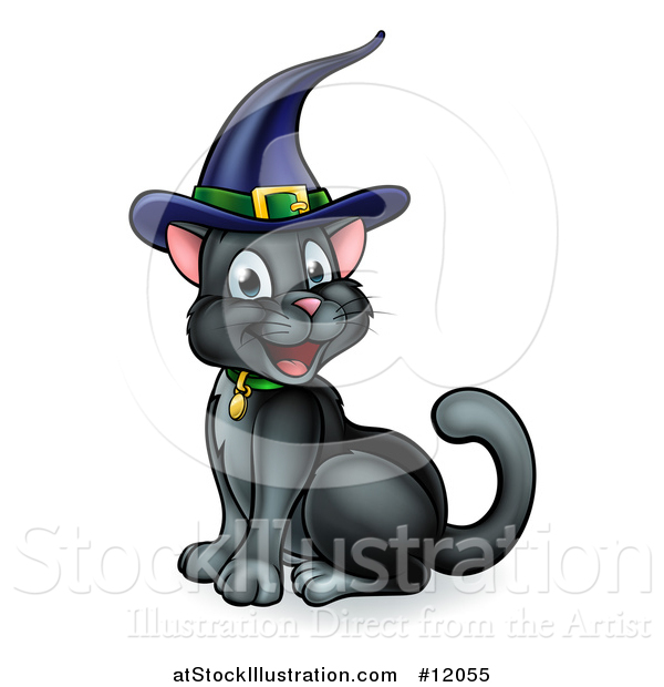Vector Illustration of a Happy Black Cat Wearing a Witch Hat and Sitting