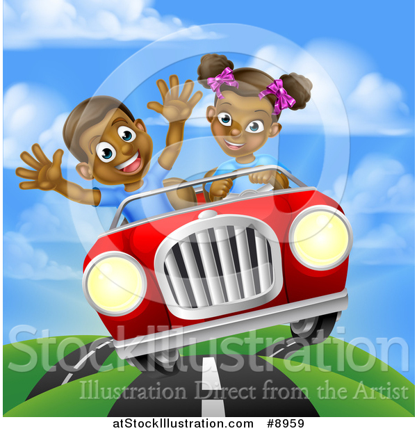 Vector Illustration of a Happy Black Girl Driving a Boy and Catching Air in a Convertible Car