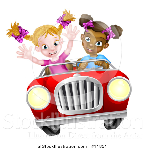 Vector Illustration of a Happy Black Girl Driving a Red Convertible Car with a White Girl in the Passenger Seat