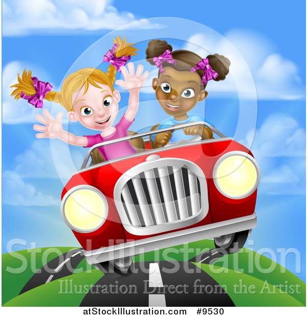 Vector Illustration of a Happy Black Girl Driving a Red Convertible Car with a White Girl in the Passenger Seat