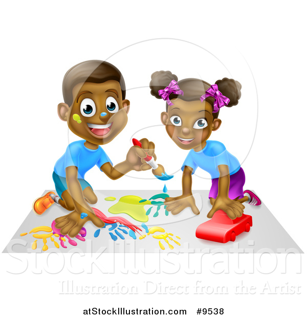 Vector Illustration of a Happy Black Girl Playing with a Toy Car and Boy Painting