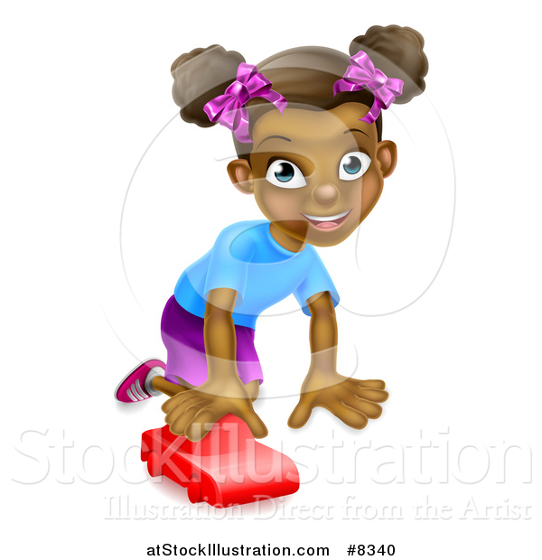 Vector Illustration of a Happy Black Girl Playing with a Toy Car