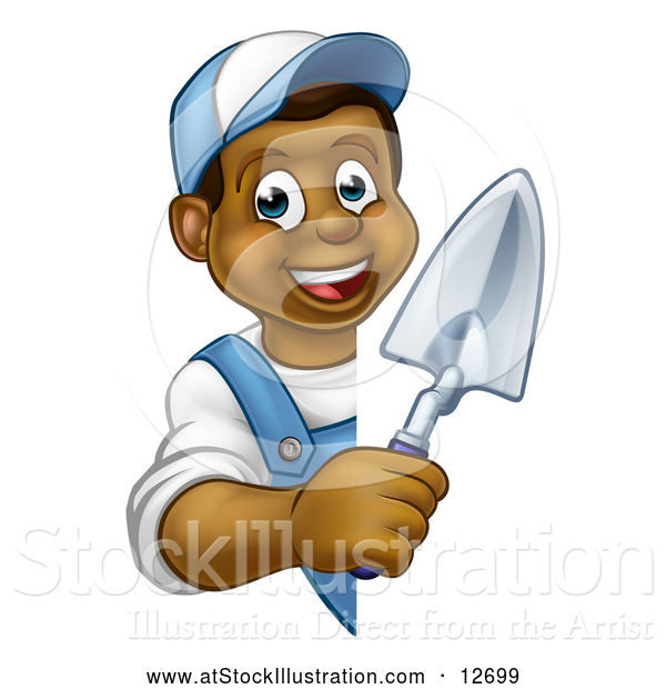Vector Illustration of a Happy Black Male Gardener Holding a Garden Trowel Around a Sign
