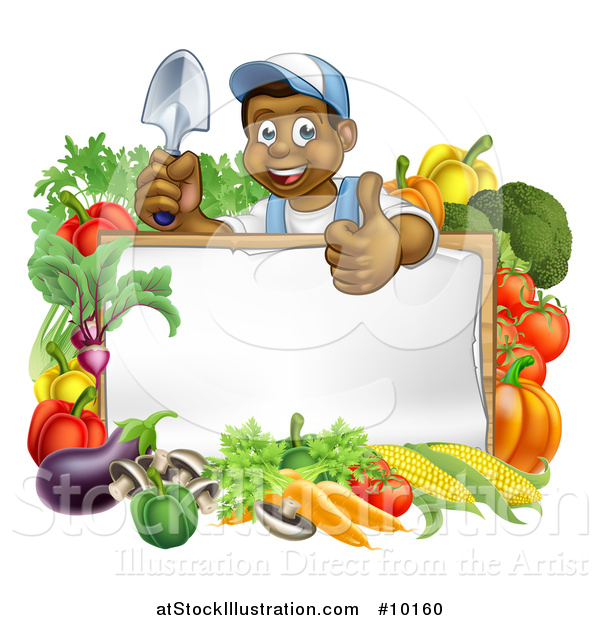 Vector Illustration of a Happy Black Male Gardener in Blue, Holding up a Garden Shovel and Giving a Thumb up over a Blank White Sign with Produce