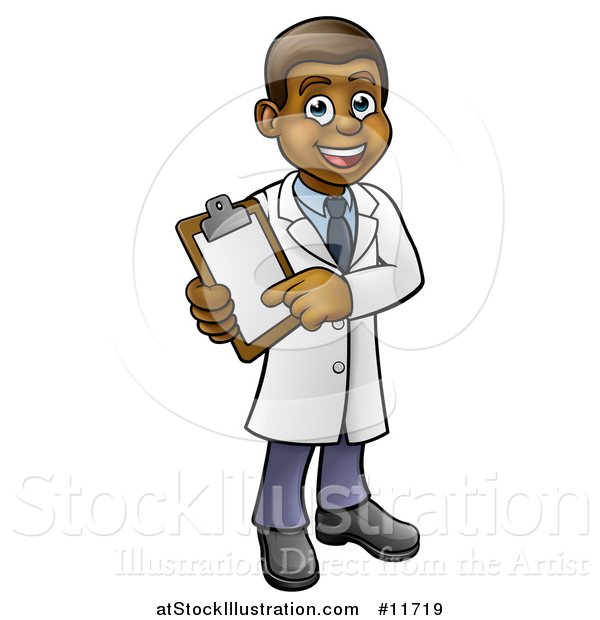 Vector Illustration of a Happy Black Male Scientist Holding a Clipboard