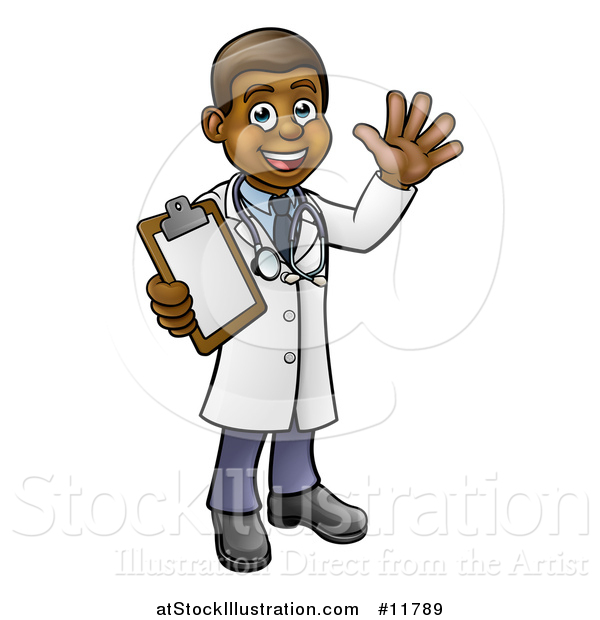 Vector Illustration of a Happy Black Male Scientist Waving and Holding a Clipboard