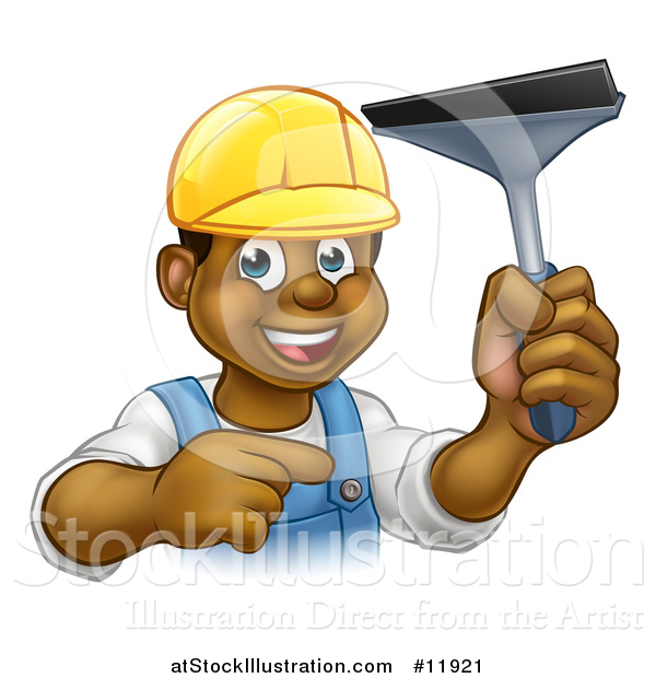 Vector Illustration of a Happy Black Male Window Cleaner Pointing and Holding a Squeegee