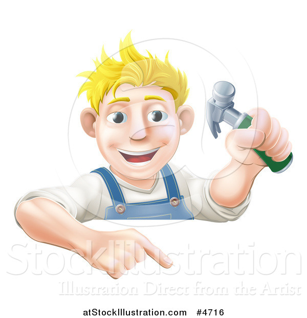 Vector Illustration of a Happy Blond Carpenter Man Holding a Hammer and Pointing down at a Sign