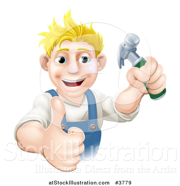 Vector Illustration of a Happy Blond Carpenter Man Holding a Hammer and Thumb up