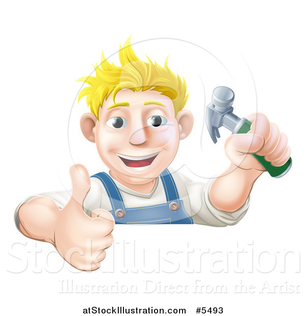 Vector Illustration of a Happy Blond Carpenter Man Holding a Hammer and Thumb up over a Sign