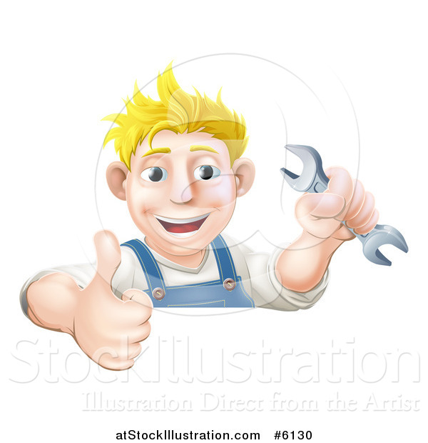 Vector Illustration of a Happy Blond Caucasian Mechanic Man Holding a Wrench and Thumb up over a Sign