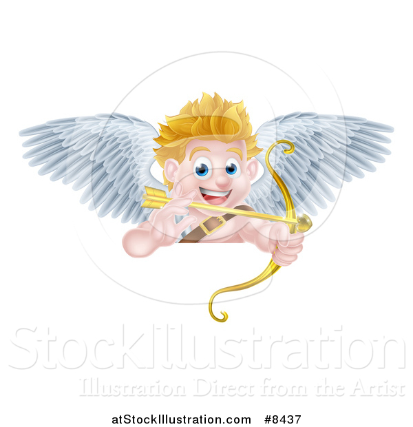 Vector Illustration of a Happy Blond Caucasian Valentines Day Cupid Aiming a Gold Heart Arrow with His Bow over a Sign