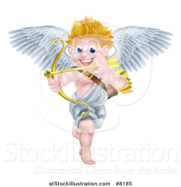 Vector Illustration of a Happy Blond Caucasian Valentines Day Cupid Aiming an Arrow