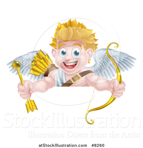 Vector Illustration of a Happy Blond Caucasian Valentines Day Cupid Holding a Gold Heart Arrow and His Bow over a Sign