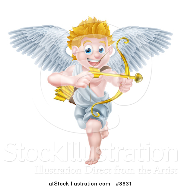 Vector Illustration of a Happy Blond Caucasian Valentines Day Cupid Smiling and Aiming an Arrow