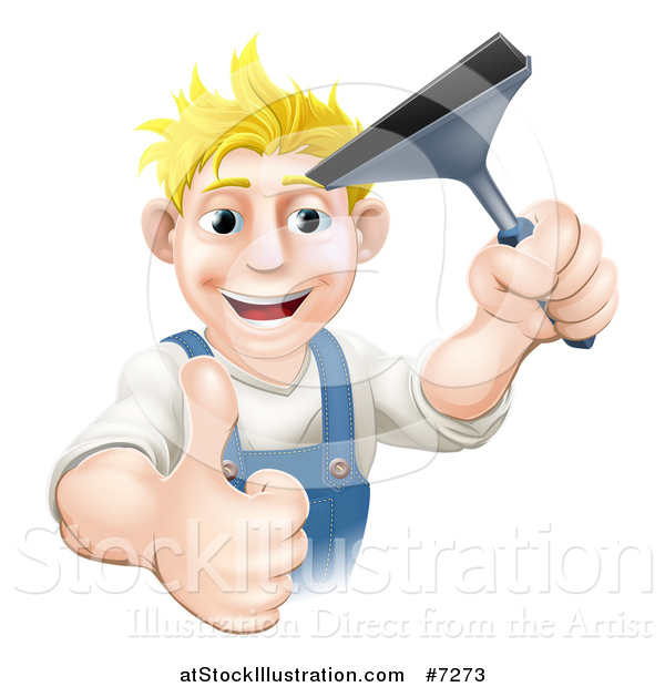 Vector Illustration of a Happy Blond Caucasian Window Cleaner Man Holding a Squeegee and Giving a Thumb up