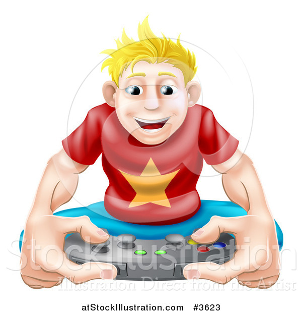 Vector Illustration of a Happy Blond Gamer Guy Holding a Remote