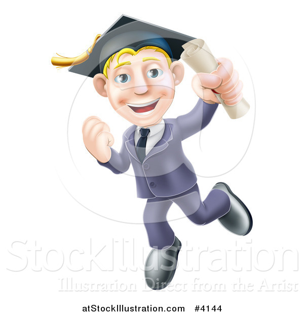 Vector Illustration of a Happy Blond Graduate Business Man Jumping Wearing a Graduation Cap and Holding a Diploma