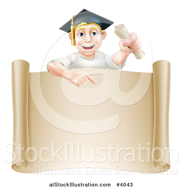 Vector Illustration of a Happy Blond Graduate Man Holding a Degree and Pointing down at a Parchment Scroll