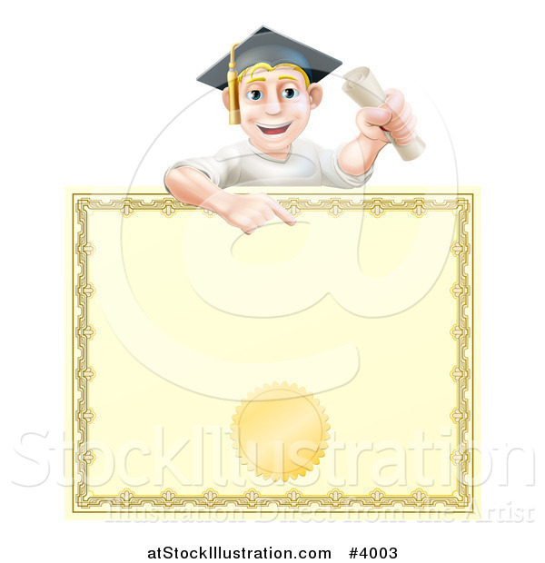 Vector Illustration of a Happy Blond Graduate Man Holding a Scroll and Pointing down at a Certificate