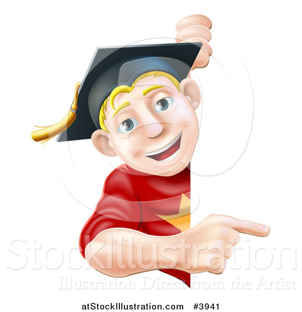 Vector Illustration of a Happy Blond Graduate Man Pointing to a Sign
