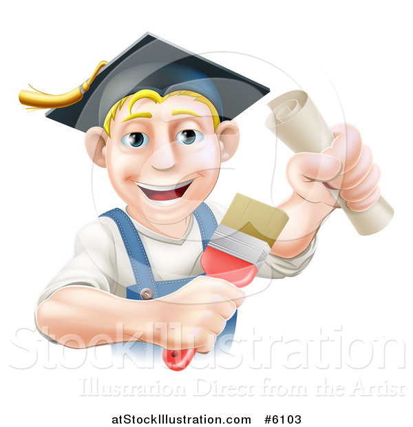 Vector Illustration of a Happy Blond Male Graduate Painter Holding a Brush and Diploma