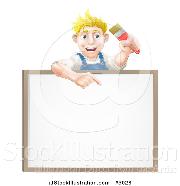 Vector Illustration of a Happy Blond Male House Painter Holding a Brush and Pointing down to a White Board Sign